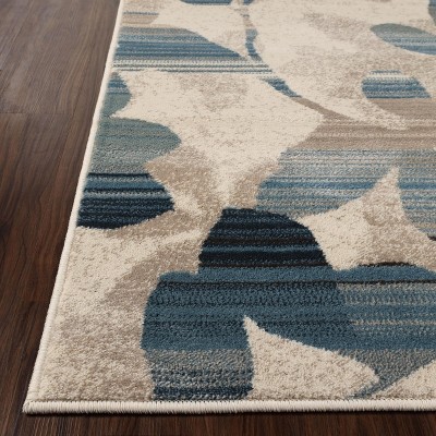 Cream and Blue Floral Pattern Stain-Resistant Synthetic Area Rug, 5'x8'