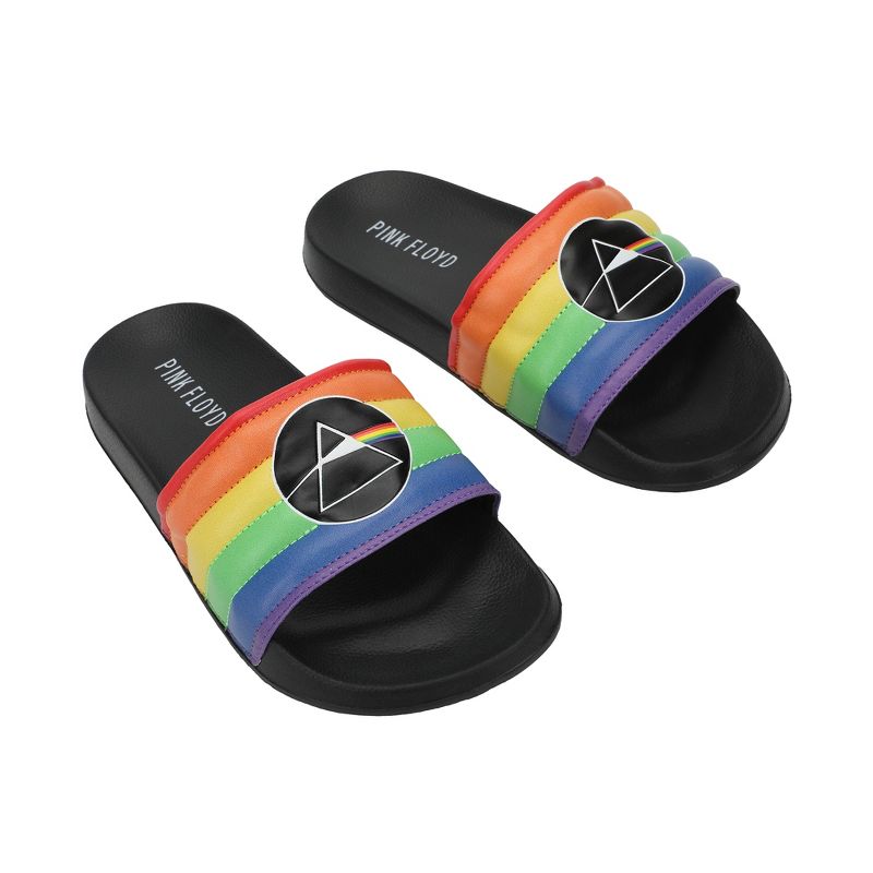 Pink Floyd Dark Side Of The Moon Triangle Artwork On Rainbow Straps Women's Black Slide Sandals, 1 of 7