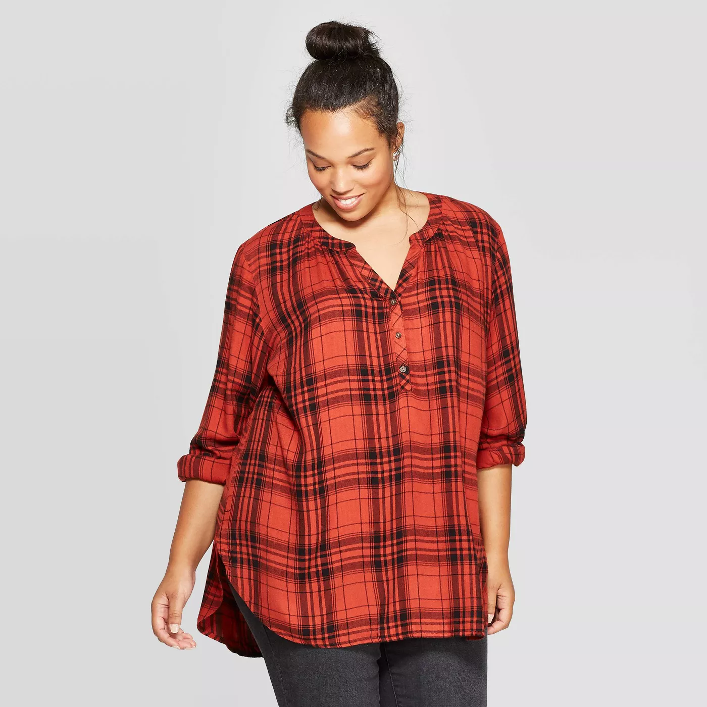 Women's Plus Size Plaid Long Sleeve V-Neck Tunic Shirt - Universal ThreadÃ¢ÂÂ¢ Red - image 1 of 3