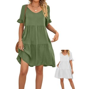 Coolmee Women's Summer Babydoll Dresses Cute Ruffle Sleeve V-Neck Sundress Flowy Swing Mini Dress - 1 of 4