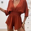 Women's Jumpsuit Summer V Neck Button Short Ruffle Sleeve Smocked Mini Short Romper - 3 of 4