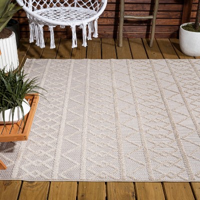 Aylan 3' x 5' Beige Knotted Trellis Geometric Indoor/Outdoor Area Rug