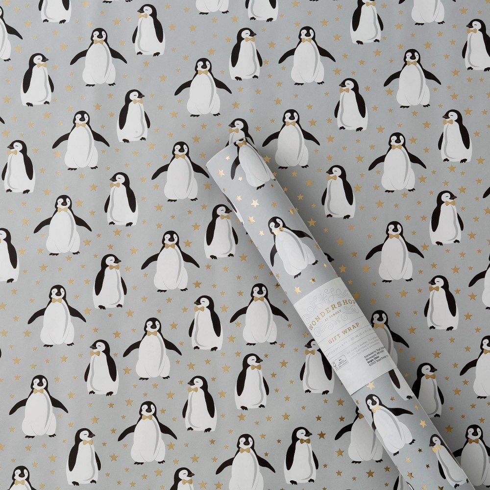 20 sq ft Penguins & Stars Gift Wrap Silver - Wondershop