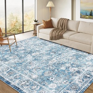 Vintage Floral Washable Area Rug - Non-Slip Thin Indoor Carpet with Distressed Print for Living Room, Bedroom & Dining Room - 1 of 4