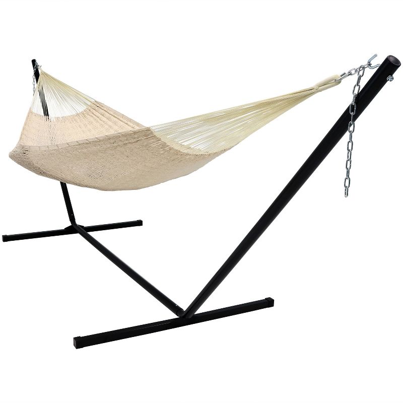 Sunnydaze Mayan Family Hammock Hand-Woven XXL Thick Cord with Stand - 400 lb Weight Capacity/15' Stand, 1 of 7