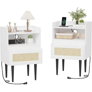 Set of 2 Modern White Bedside Tables with Integrated Charging Station, Rattan Drawers, 2-Tier Storage, and Solid Wood Legs for Bedroom - 1 of 4