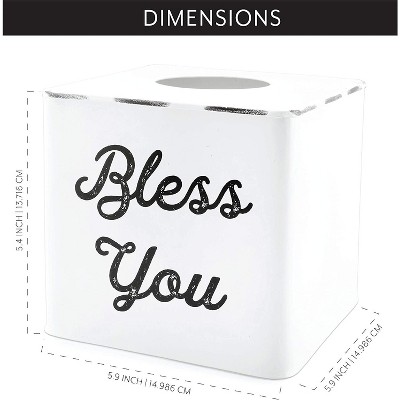 White Enamelware Square Tissue Box Cover with Bless You Text