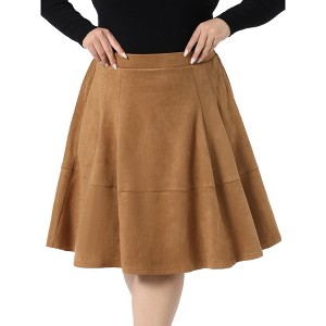 Women's Plus Size Faux Suede High Waisted Elastic Pleated Casual A Line Midi Skirt with Pockets - Agnes Orinda - 1 of 4