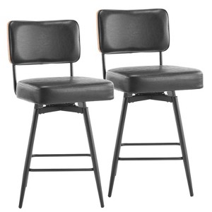 Karl Home Set Of 2 Black PU Leather And Curved Wood Back Bar Stools, Iron Base, Swivel - 1 of 4
