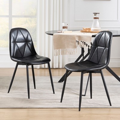 Set of 2 Upholstered Faux Leather Dining Chairs - Modern Kitchen & Dining Room Chairs with Metal Legs, High Back, Easy Assembly (Black)