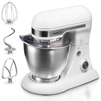 Geek Chef GSM45W Stainless Steel 4.8 Quart Bowl 12 Speed Kitchen Countertop Baking Food Stand Mixer with Beater Paddle, Dough Hook, and Whisk, White