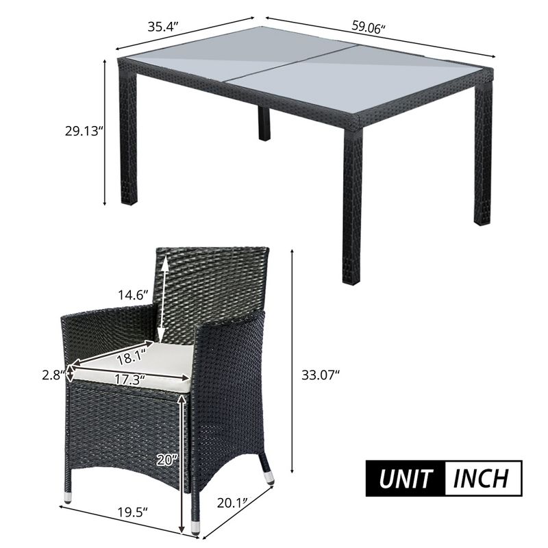 7PCS Outdoor Wicker Dining set with a Tempered Glass Table, 6 Armchairs, Black, 4A -ModernLuxe, 3 of 16