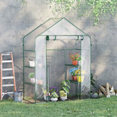 Clear and Green Walk-In Greenhouse with Shelving and Roll-Up Door