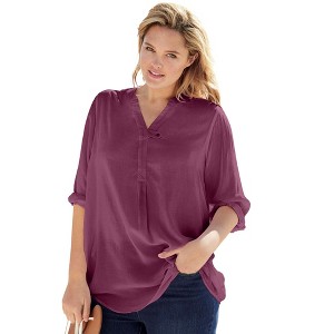 Woman Within Women's Plus Size Rayon 7-Day Three-Quarter Sleeve Tab-Front Tunic - 1 of 4
