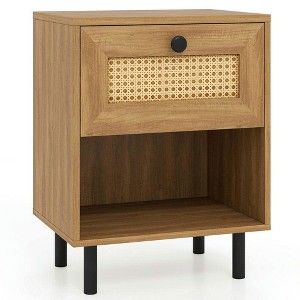 Resenkos Boho Rattan Nightstand - Rattan Drawer + Open Storage Shelf, Chic Fashionable End Table for Bedroom/Living Room, Natural - 1 of 4