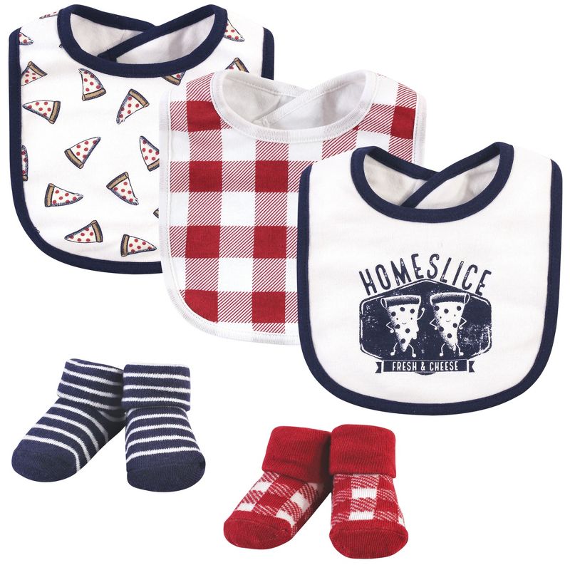 Hudson Baby Infant Boy Cotton Bib and Sock Set 5pk, Homeslice, One Size, 1 of 8