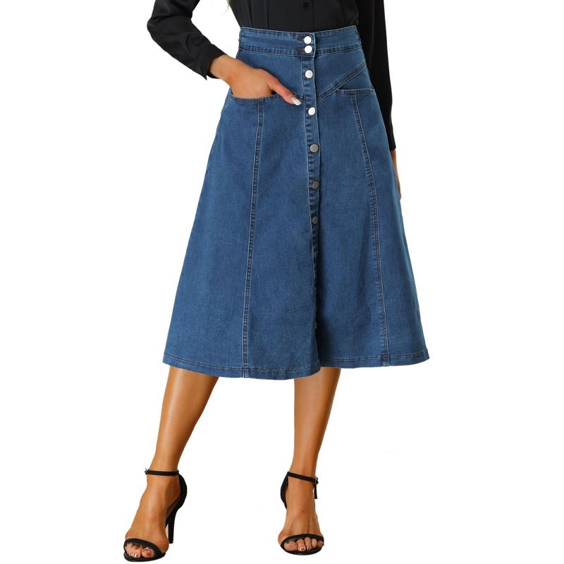 Allegra K Womens' Stretchy High Waist Buttons Front Flowy Midi A-Line Skirts with Pocket, 1 of 6
