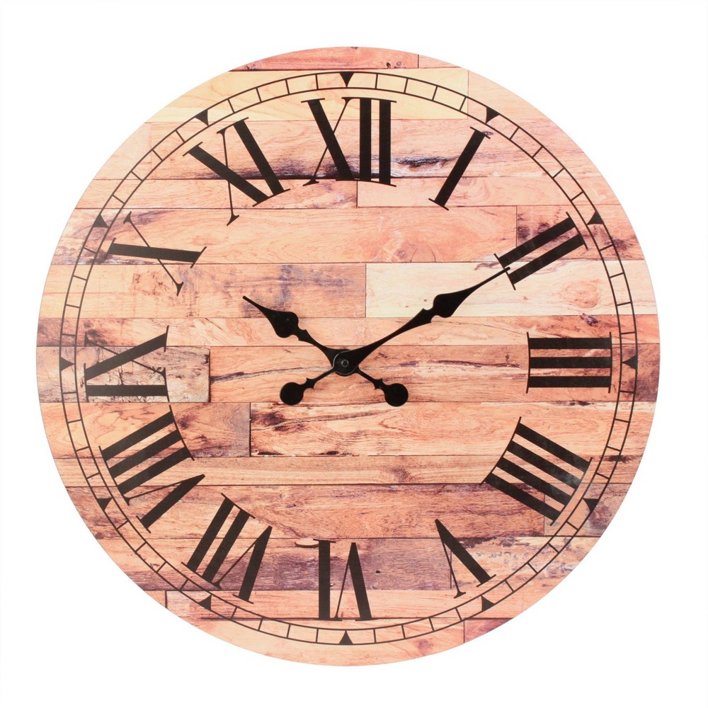 Photos - Wall Clock 23.6" Wooden Roman Numeral  Brown - Stonebriar Collection