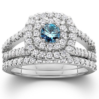 Pompeii3 1.10 cttw Blue Diamond Double Halo Split Shank Engagement Ring Set White Gold - Size 7