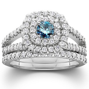 Pompeii3 1.10 cttw Blue Diamond Double Halo Split Shank Engagement Ring Set White Gold - Size 7 - 1 of 2