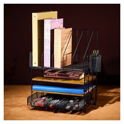 DOMETOUR Desk Organizer with Drawer, 4-Tier Mesh Desk File Organizer with 5 Vertical File Holders and 2 Pen Holders, Multifunction Desktop Organizer