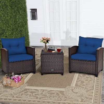 3PCS Patio Rattan Furniture Set Cushioned Conversation Set Coffee Table Navy