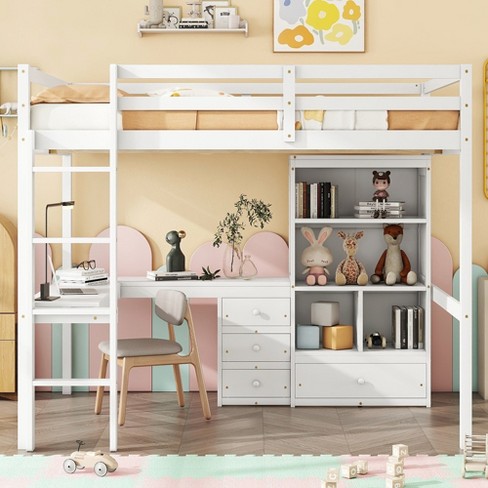 Full Size Loft Bed with Desk, Storage Shelves and Drawers, Built-in Ladder, Safety Guardrails and Solid Pine Wood Frame, Gray/White-ModernLuxe - image 1 of 4