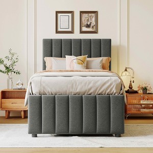 MAYEERTY Twin Size Upholstered Platform Bed, Trundle 3 Drawers Linen Fabric, Bedroom, Gray - 1 of 4
