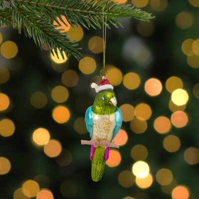 6.25" Green and Blue Parrot with Santa Hat Glass Ornament