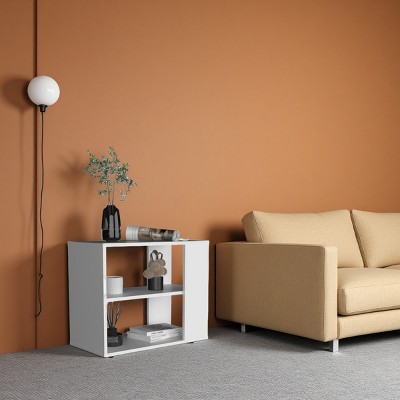 FURNIinspire Coffee Tables Side Table, End Table, Living Room Tables, Sofa Table With 2 Shelves For Living Room, Bedroom, White, 11.8"*23.6"*19.7"