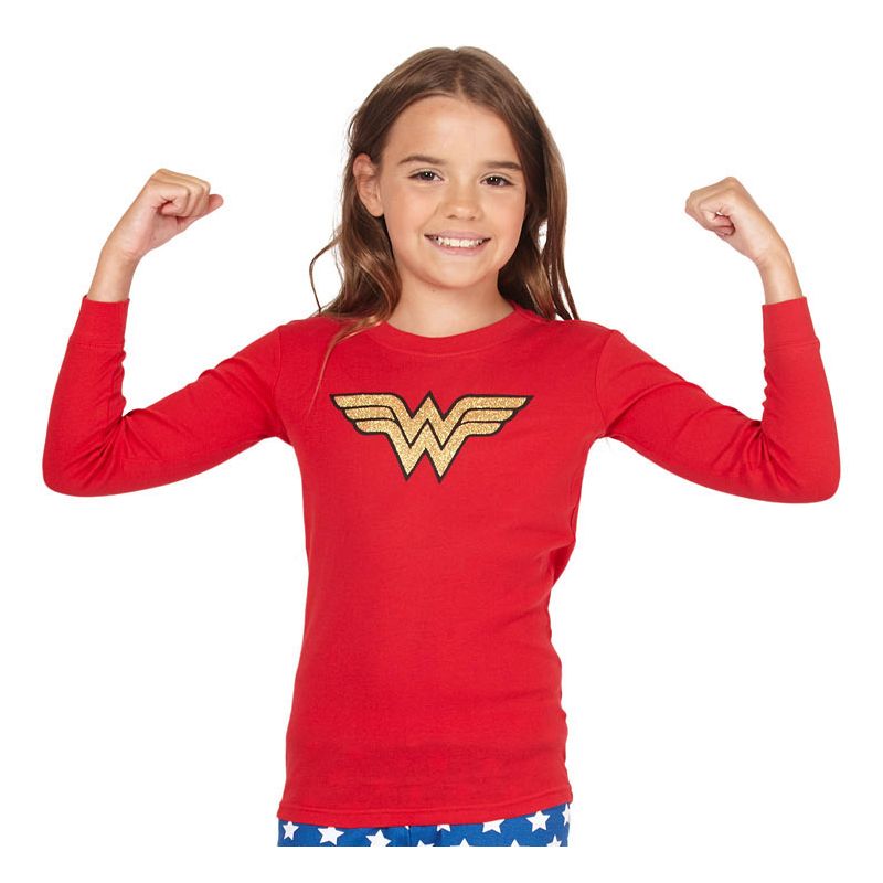 Intimo Girls' Wonder Woman Glitter Logo Pajama Set, 3 of 4