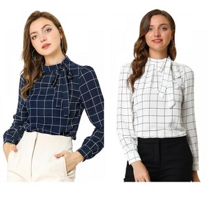 INSPIRE CHIC Women's Bow Tie Neck Keyhole Back Grid Checks Office Work Blouses 2 Packs - 1 of 4