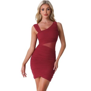 Allegra K Women's Mesh Sleeveless Asymmetrical Neck Ruched Mini Party Dress - 1 of 4