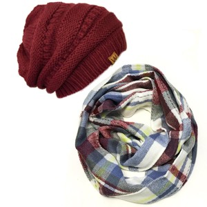 Wrapables Plaid Print Infinity Scarf and Beanie Hat Set, Gray and Wine Set - 1 of 4