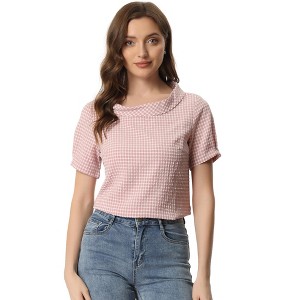 Allegra K Women's 1950s Round Neck Short Sleeve Gingham Tops - 1 of 4