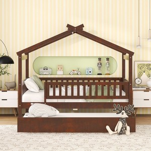 NicBex Full Size Bunk Bed Classic House Shape Loft Bed Draggable Design Pine Bed Frame with Wheels and Guardrails, No Box Spring Required - 1 of 4