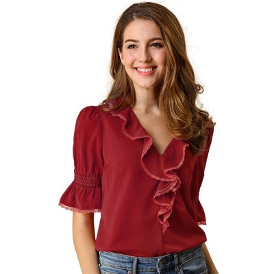 INSPIRE CHIC Women's Ruffle V Neck Puff Sleeve Summer Casual Chiffon Peasant Top