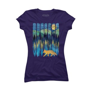 Junior's Design By Humans Fox Forest Night By Maryedenoa T-Shirt - 1 of 3