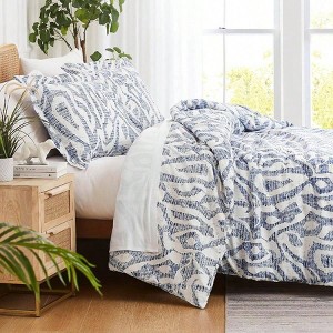 Oversized California King Duvet Cover Set, Soft Geometric Print, Zipper Closure, 1 Duvet+ 2 Shams, Khari Blue - 1 of 4