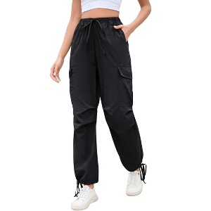 BLUEMING Women's Cargo Pants with Pockets Lightweight Low Waist Elastic Drawstring Casual Trousers - 1 of 4