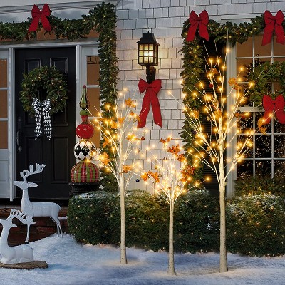 Hooseng LED Lighted Birch Tree Set of 3, with Warm White Lights, 3 Pieces Artificial X-Mas Tree Set with Decors for both Indoor and Outdoor