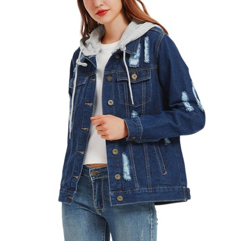Anna kaci Women s Detachable Hoodie Denim Distressed Jean Jacket Large Indigo Target