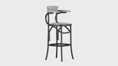 Antique Black Oak and Metal Transitional Bar Stool with Brass Nail Heads