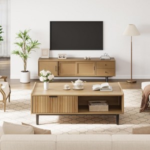 Industrial Coffee Table with 2 Drawers and Open Shelves - Sturdy Iron Frame, Scratch-Resistant Feet, Multi-Functional Storage Design - 1 of 4