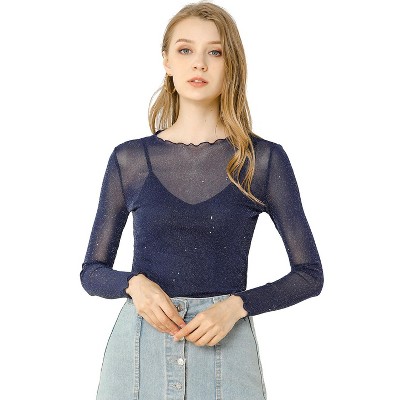 Allegra K Women's Long Sleeve Spaghetti Strap Party Mesh Tops Navy