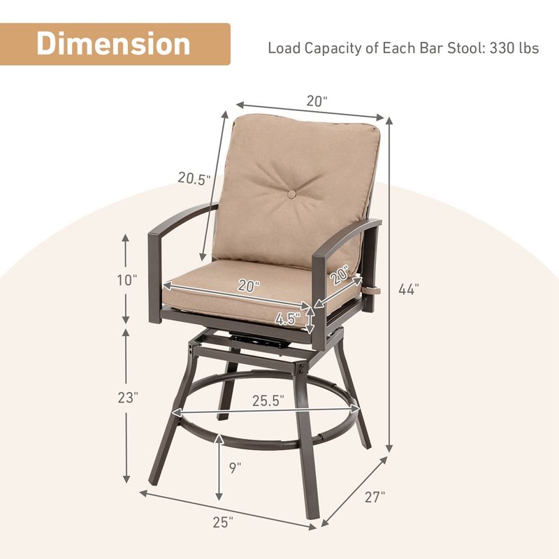 Costway 2/4 PCS Patio Swivel Chairs Counter Height Bar Stool with Inclined Backrest Grey, 3 of 9