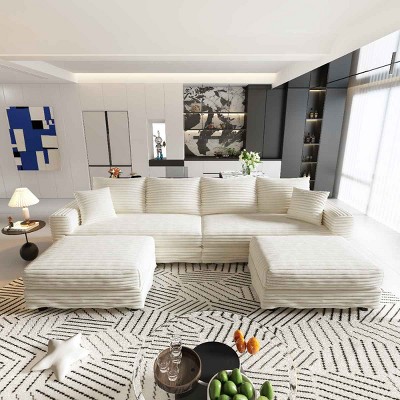 102.4 Inch Convertible Lounge Sofa with 2 Ottomans, 4-Seat Cloud Couch with Cushions, Corduroy Lounge Sofa with Wood Frame-Coolbibila