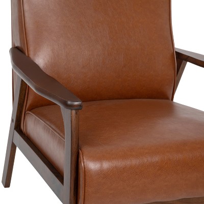 Cognac LeatherSoft Mid-Century Modern Accent Chair with Walnut Wooden Frame