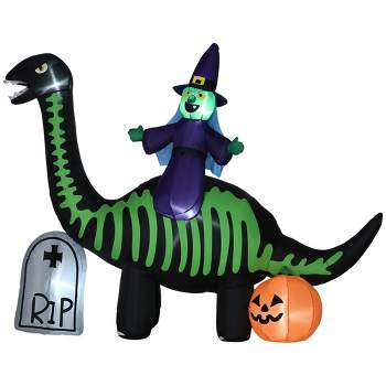 HOMCOM 8FT Halloween Inflatables Skeleton Dinosaur with Witch, Pumpkin, Outdoor Decorations with LED Lights