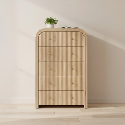 Modern Fluted 5 and 6 Drawer Dresser, Curved Profile Wood Storage Organizer for Bedroom, Living Room, Hallway